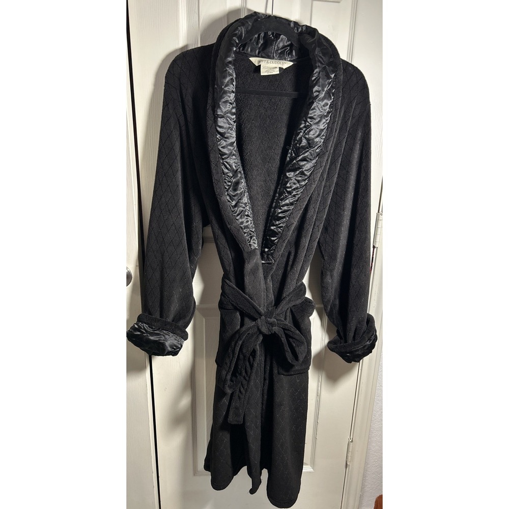 Soft & Cuddly Black Plush Robe Womens L/XL Pockets, Tie Close